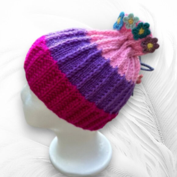 Colorful Knit Beanie with Flowers - Picture 1 of 6